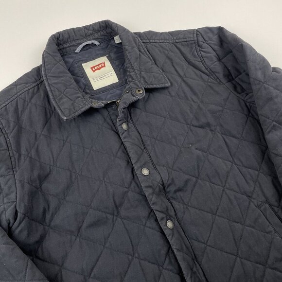 Levi’s Diamond Quilted Jacket Men’s L Navy Blue Insulated Snap Up Coat Cotton - Picture 2 of 12